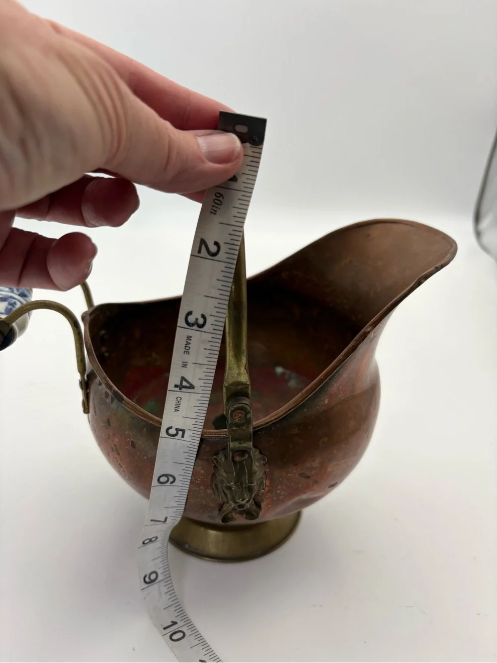 Vintage Copper Coal Scuttle with Brass and Blue and White Porcelain Handle